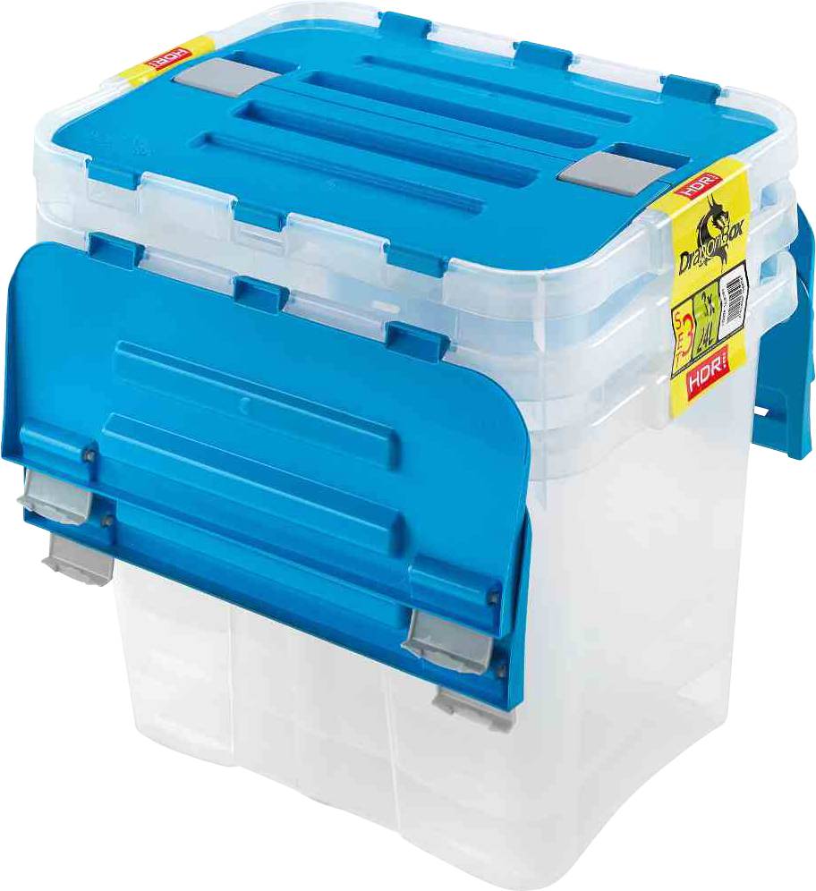 Un grande contenitore di stoccaggio trasparente con un coperchio blu. Il contenitore ha clip per la chiusura ed è impilabile.