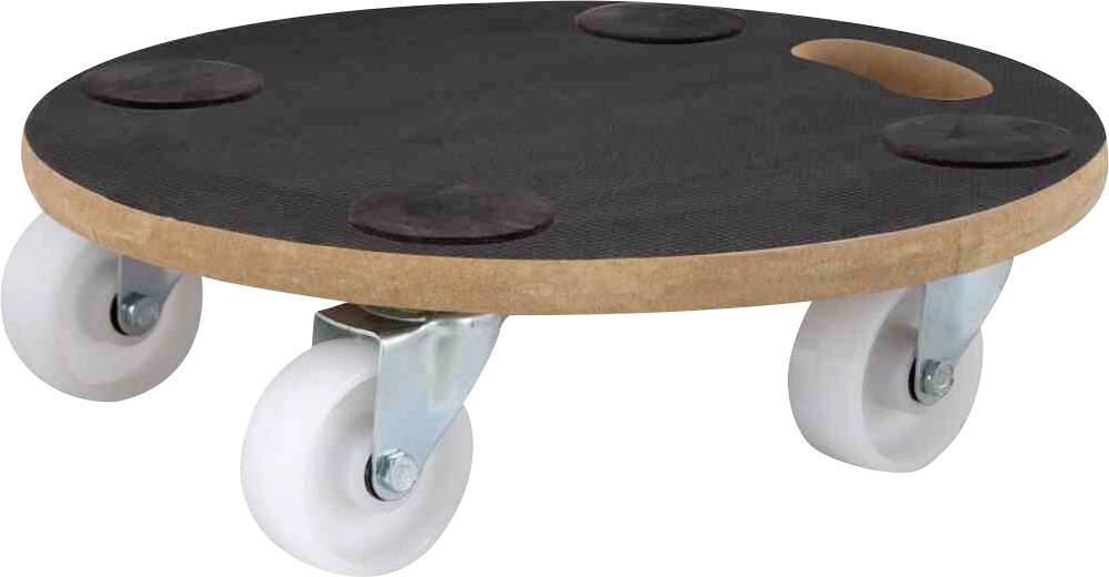 Carrello mobile rotondo con quattro ruote bianche e superficie nera, adatto al trasporto di oggetti pesanti.