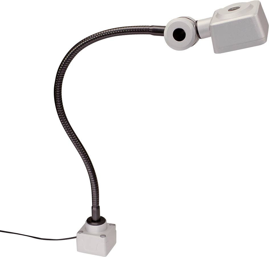 Lampada da tavolo con collo di cigno flessibile, base quadrata e testa rettangolare. Connessione del cavo visibile alla base.