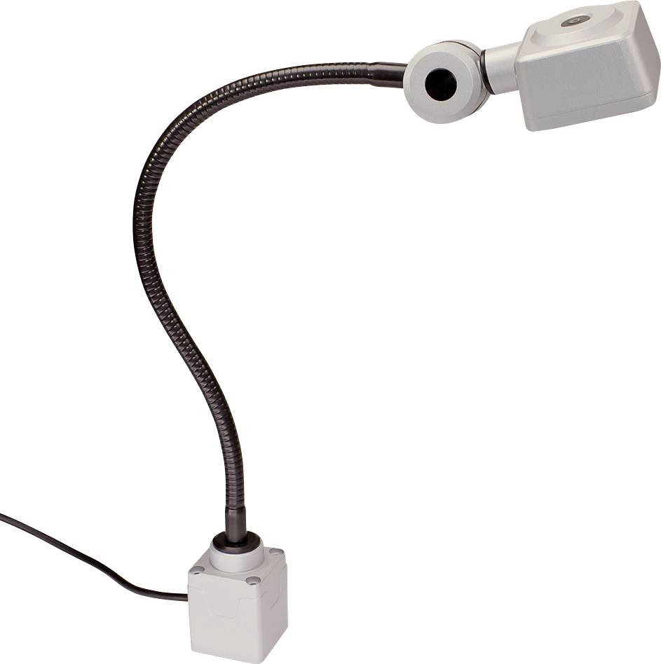 Braccio flessibile grigio con testa luminosa integrata, montato su base quadrata. Regolabile per un'illuminazione mirata.