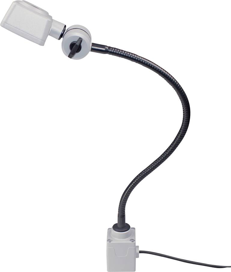 Lampada da lettura flessibile con testa orientabile, montata su una base quadrata. Ideale per l'illuminazione mirata di aree di lavoro.