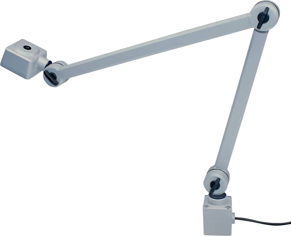 Braccio articolato regolabile grigio, con cavo, montato su una base da tavolo. Adatto al supporto di dispositivi o fotocamere.