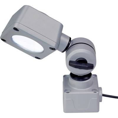Una lampada da lavoro industriale regolabile grigia con braccio snodabile e testa quadrata, ideale per un'illuminazione precisa.