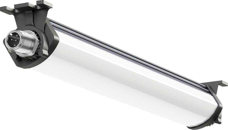 Lampada industriale con involucro cilindrico, striscia LED e supporti metallici.