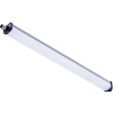 Una lunga e sottile lampada LED con cornice argentata è mostrata di lato, con il collegamento visibile. È destinata all'illuminazione.