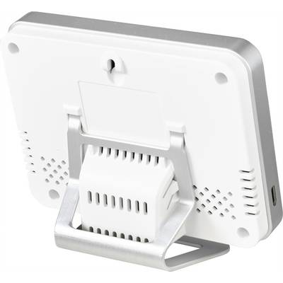 Un piccolo dispositivo da tavolo bianco con base, fessure di ventilazione e un supporto per il montaggio a parete, probabilmente un termo-igrometro.