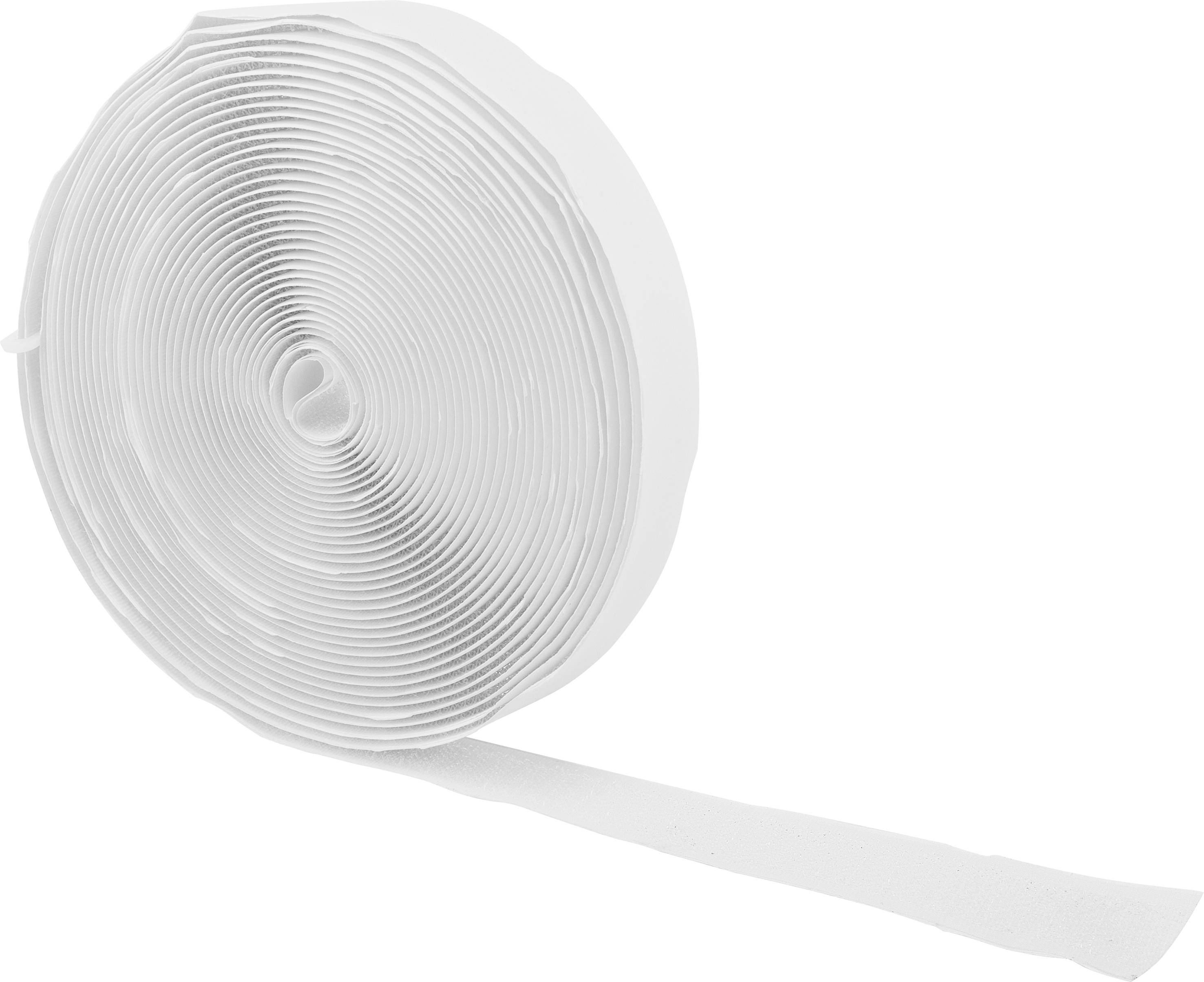 Un grande rotolo di nastro a strappo bianco è adagiato su uno sfondo bianco. Un pezzo del nastro è stato srotolato.