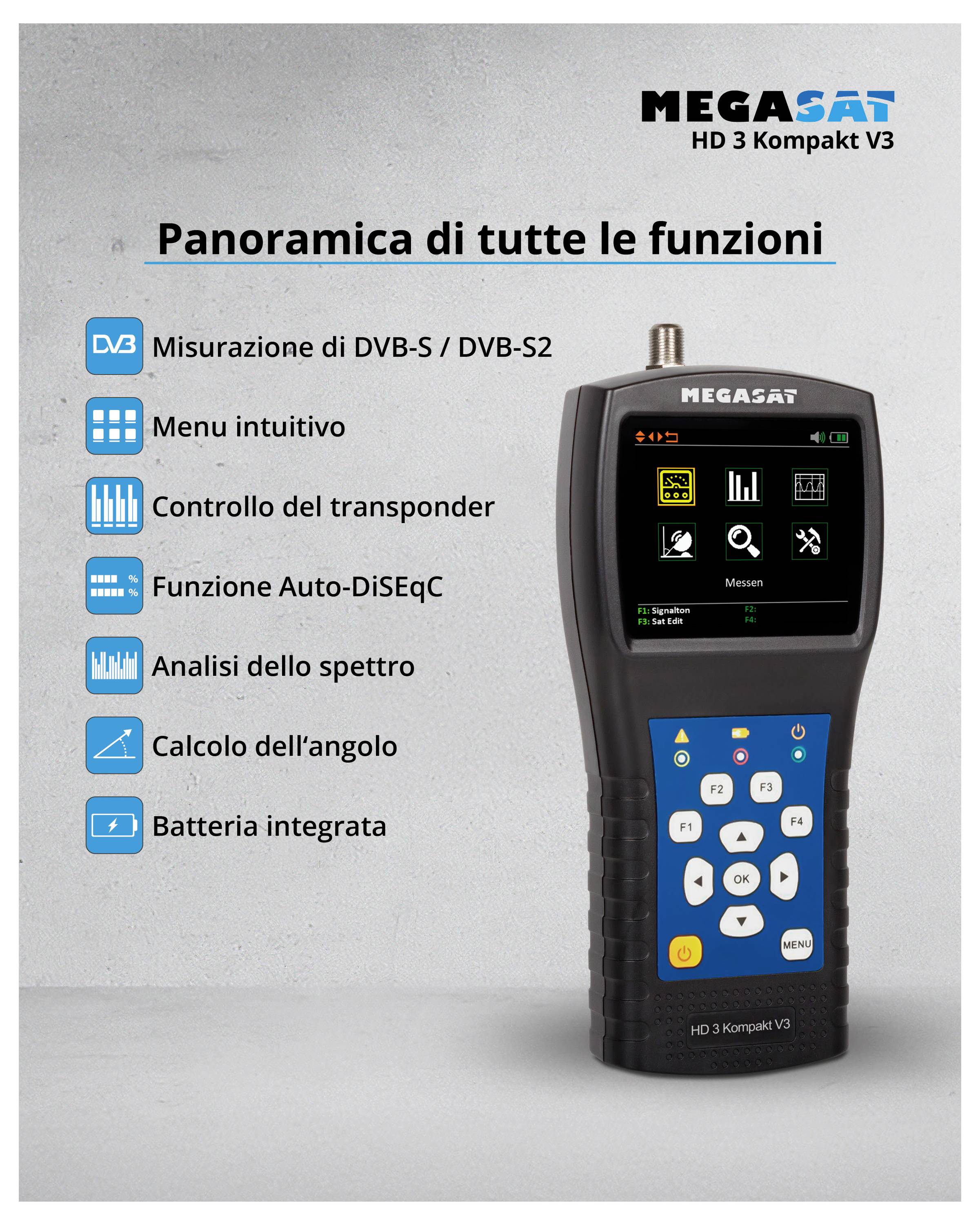 L'immagine mostra un dispositivo Megasat HD 3 Kompakt V3. Funzioni: misurazione DVB-S/DVB-S2, menu, controllo transponder, Auto-DiSEqC, analisi spettrale.