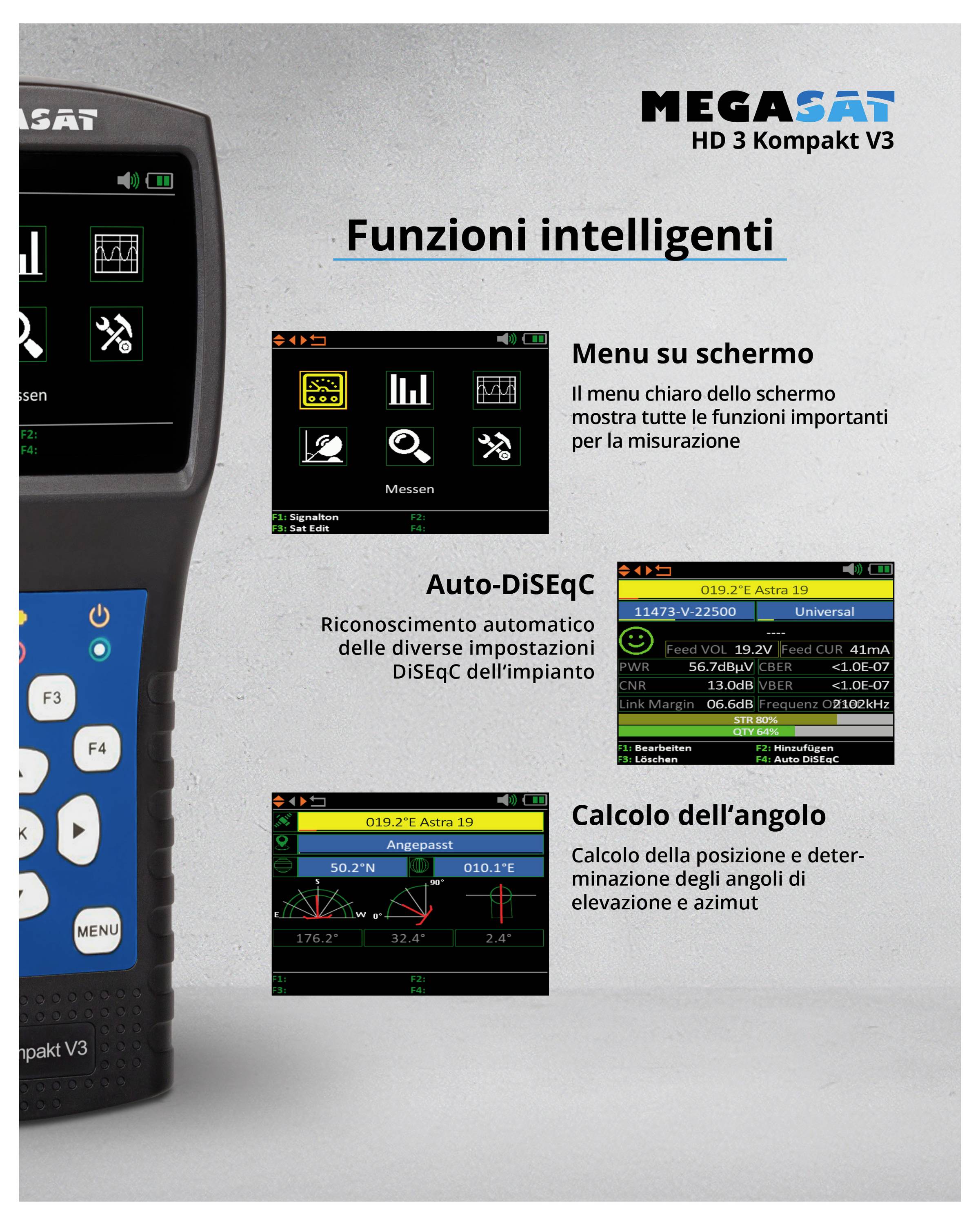 Accessori per MegaSat HD 3 Kompakt V3: borsa da trasporto, alimentatore e cavo di ricarica per auto illustrati.