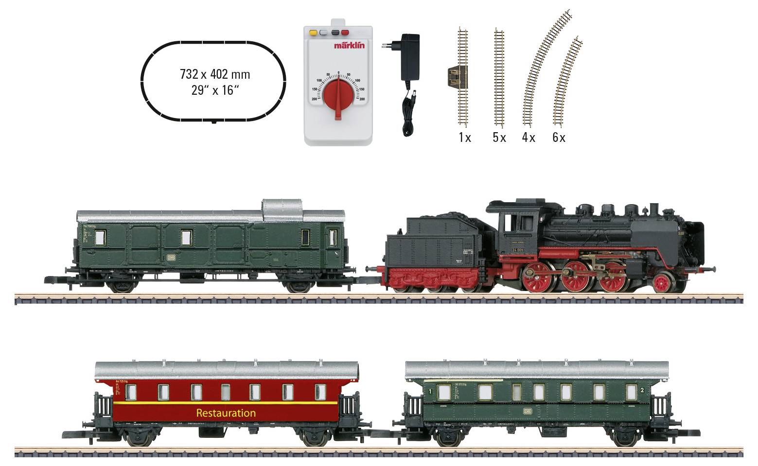 Set di modellismo ferroviario con una locomotiva a vapore nera, due vagoni verdi, un vagone rosso, binari e un dispositivo di controllo.