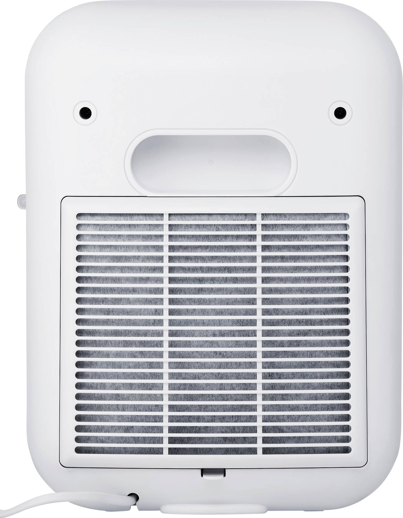 Un purificatore d'aria bianco di forma rettangolare con griglie di ventilazione sul lato anteriore, adatto per la purificazione dell'aria in ambienti interni.