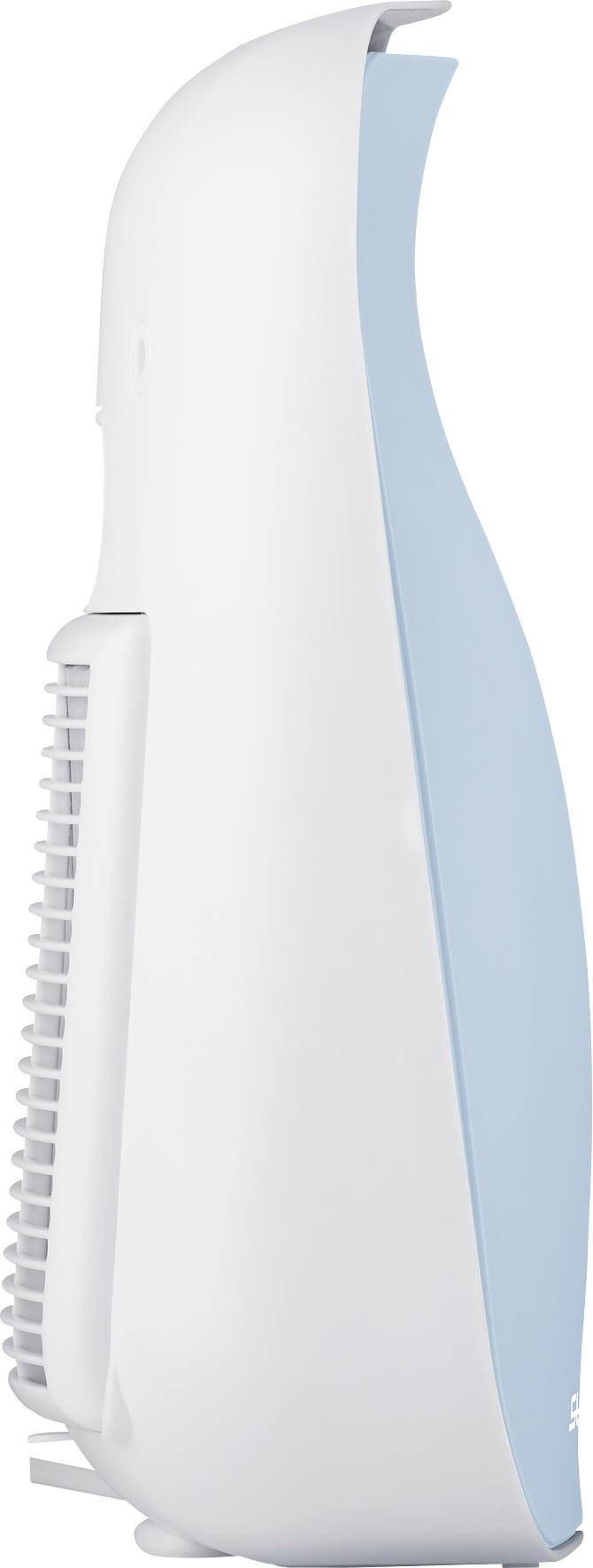 Purificatore d'aria in vista laterale, con involucro bianco e blu.