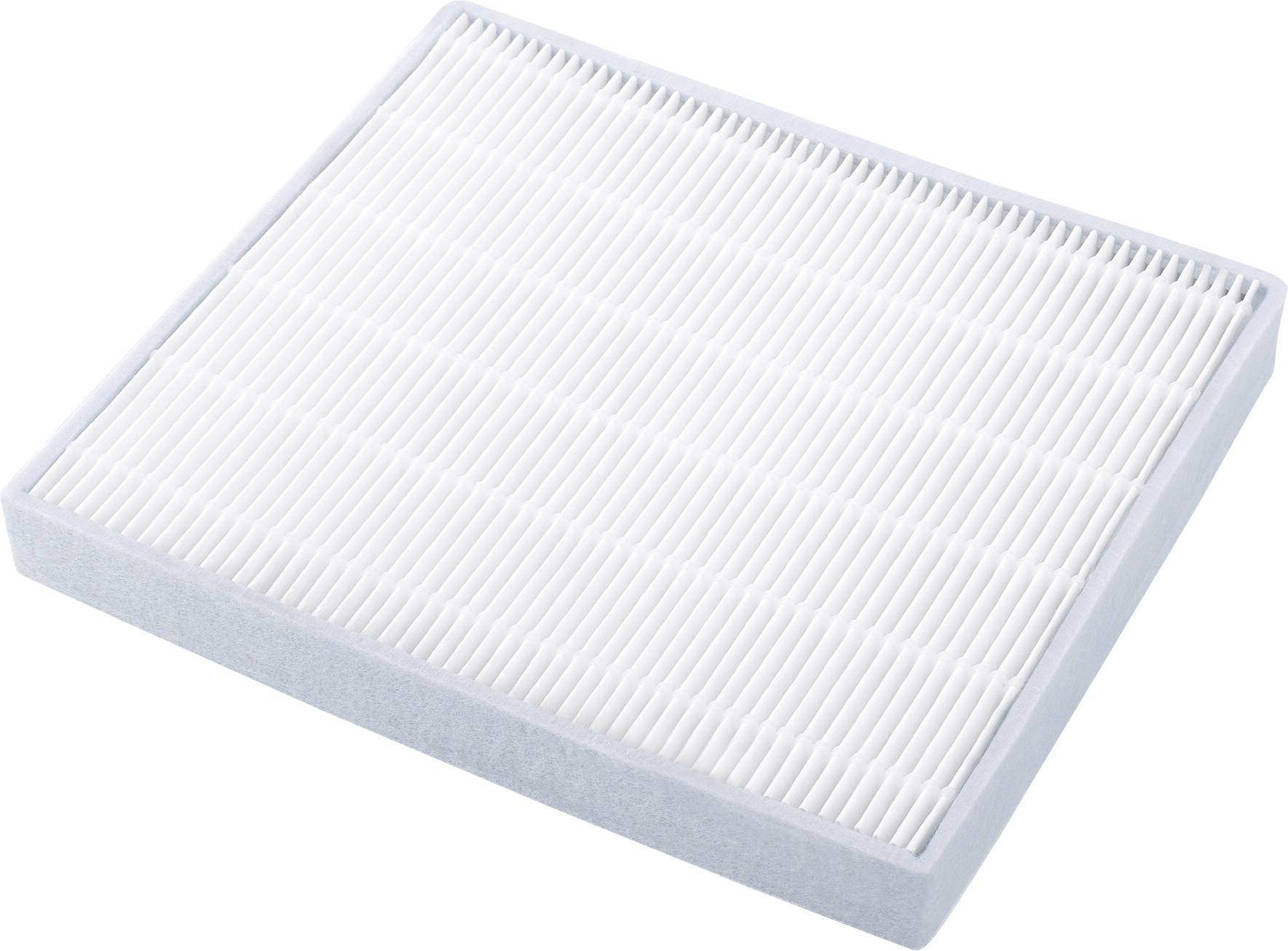 Un filtro dell'aria rettangolare bianco con superficie pieghettata, presumibilmente per purificatori d'aria o sistemi HVAC.