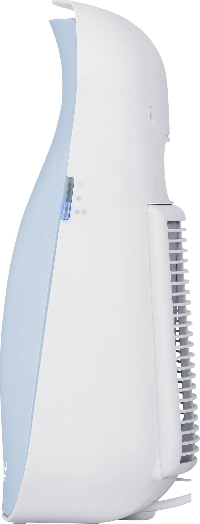 Vista laterale di un purificatore d'aria bianco e blu con fessure sui lati che probabilmente servono per la ventilazione.