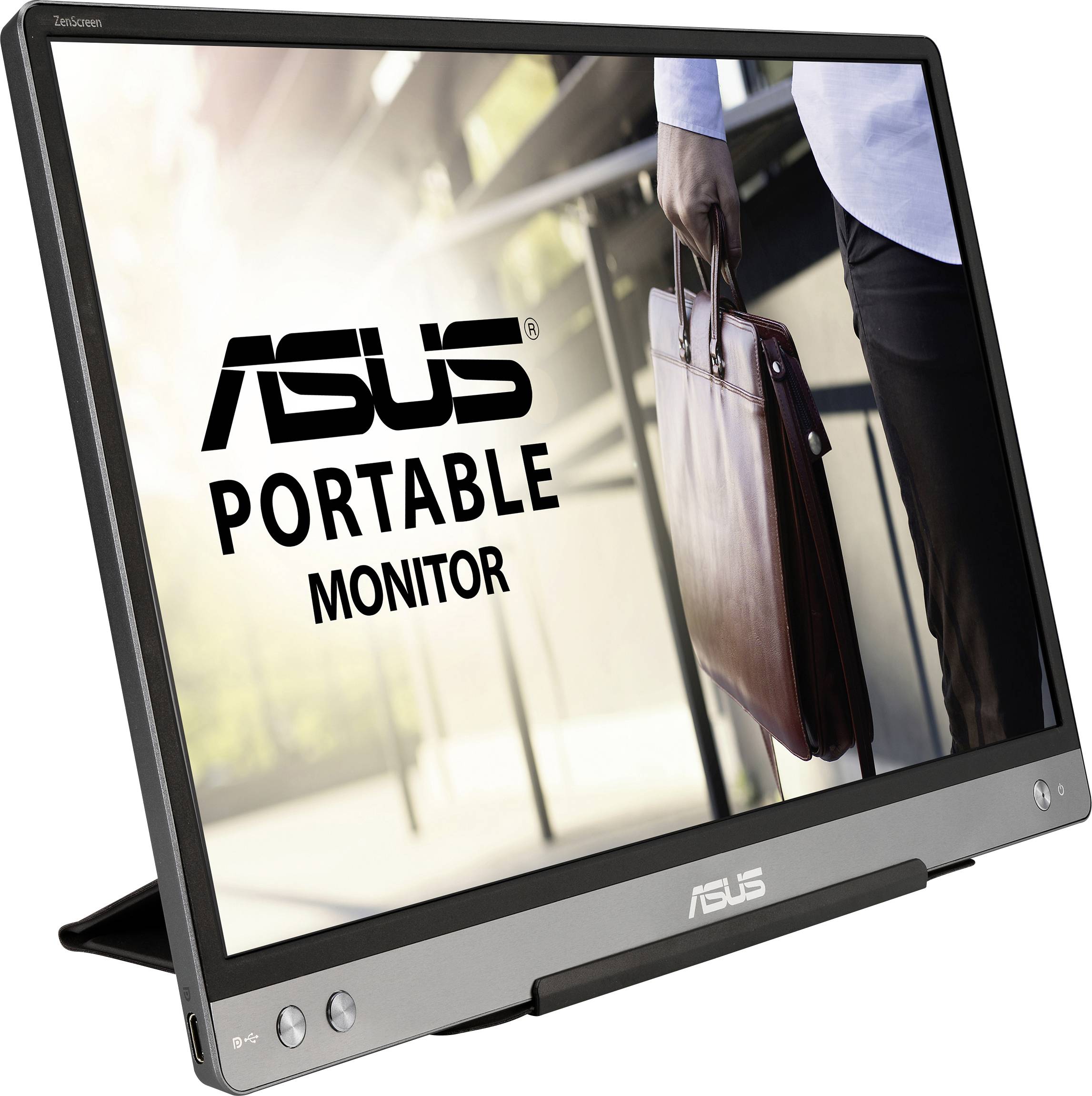 Monitor portatile ASUS con l'immagine di un uomo d'affari che porta una valigetta. Sfondo leggermente sfocato.