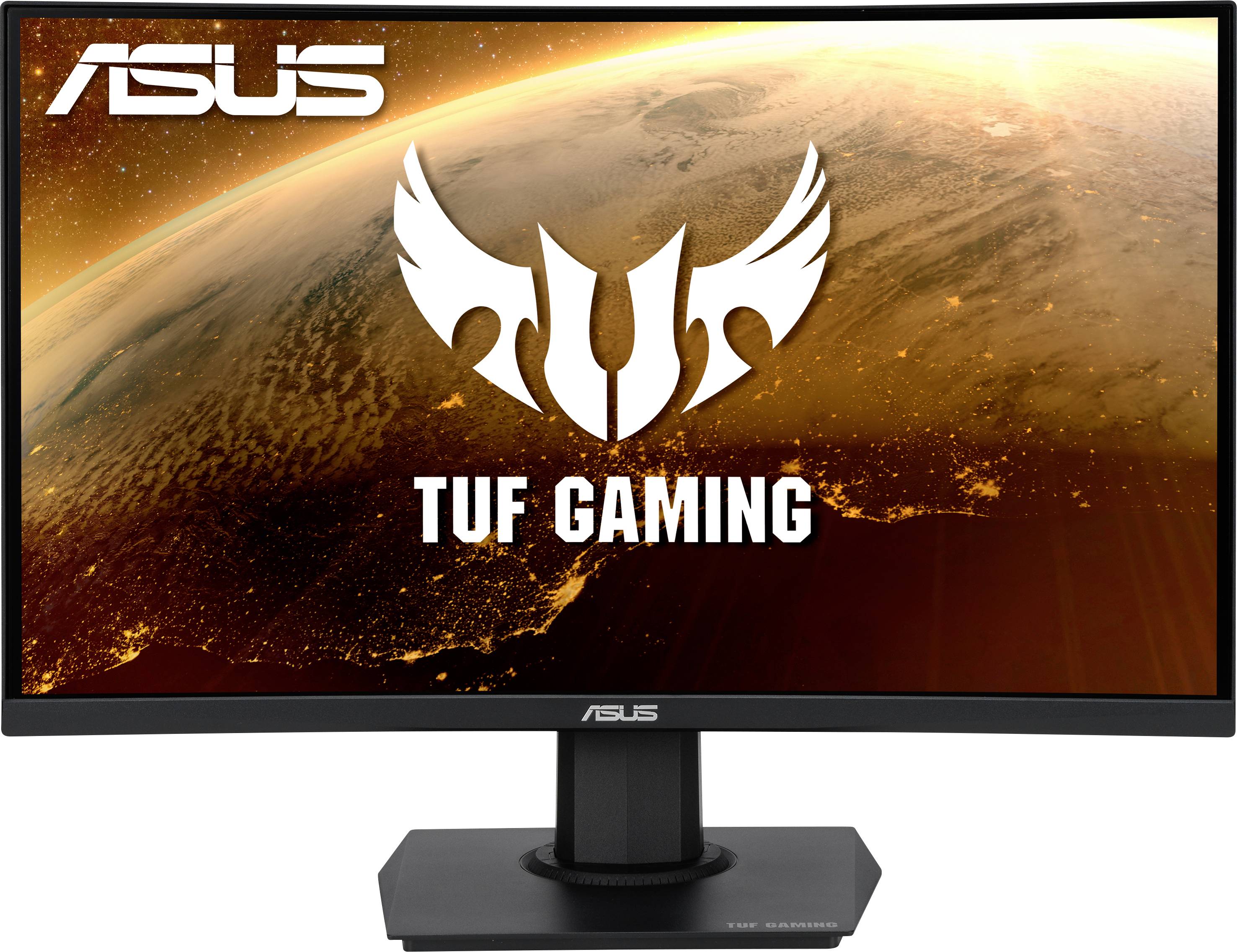 Un monitor da gaming ASUS TUF con schermo curvo e logo TUF Gaming sullo sfondo di uno spazio cosmico.