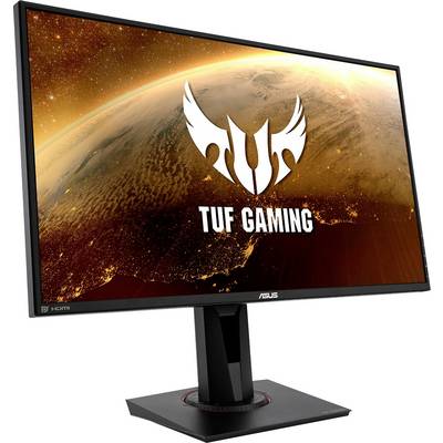 Un monitor da gaming ASUS con la scritta 'TUF Gaming' sullo schermo. L'immagine mostra una vista della Terra sullo sfondo.