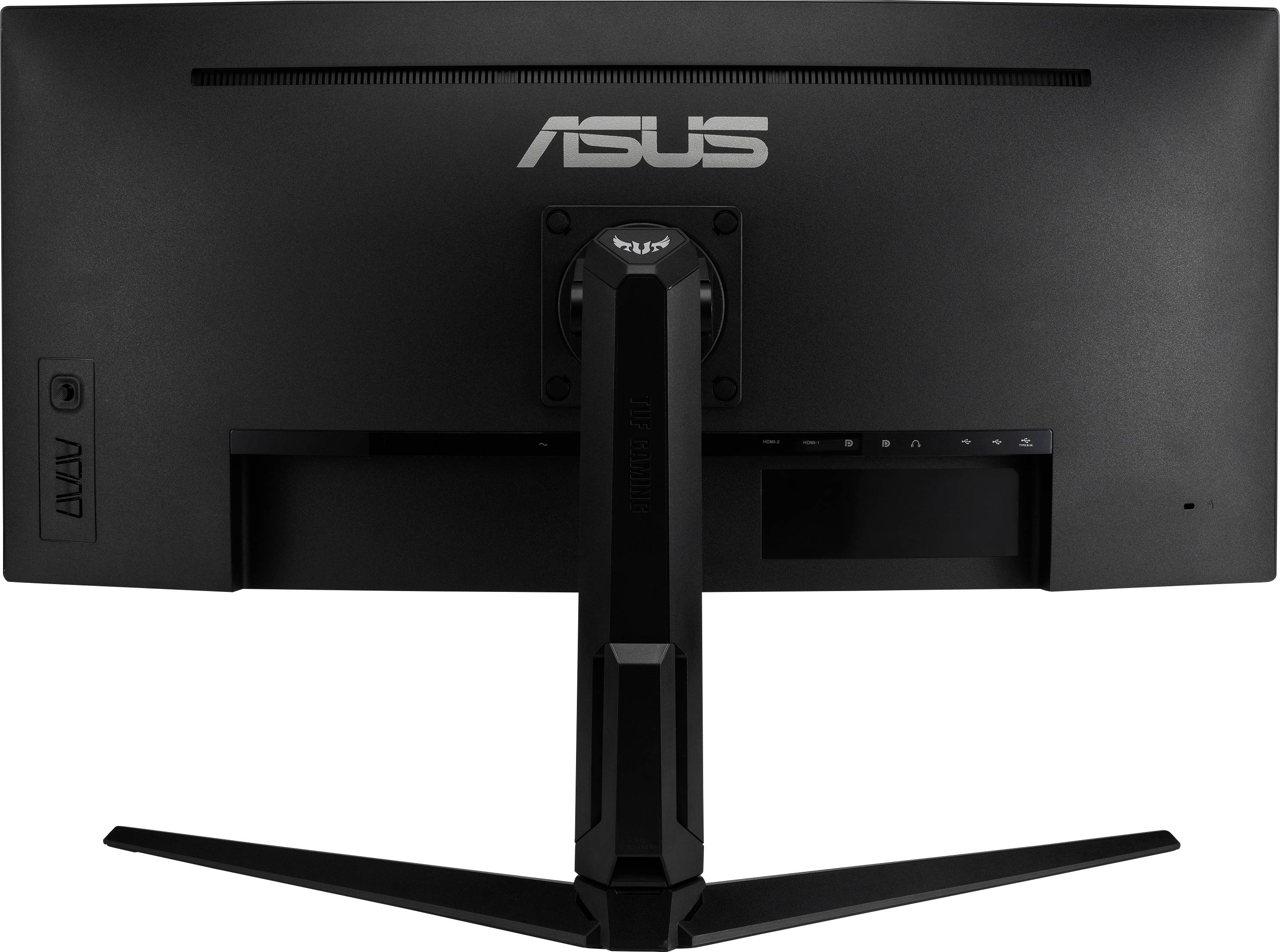 Un monitor nero Asus visto da dietro, montato su un supporto.