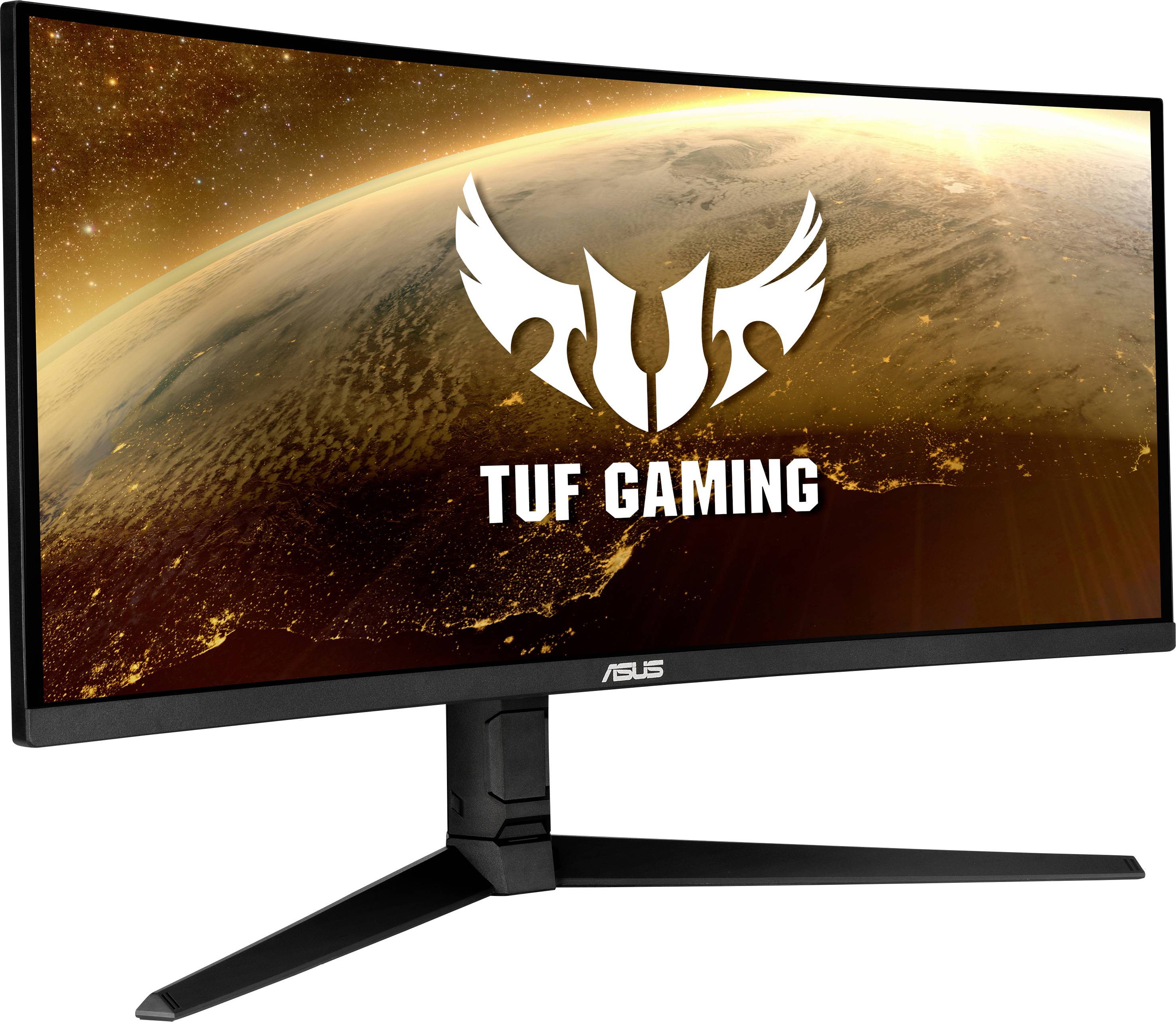 Monitor da gaming Kurviger di ASUS con il logo 'TUF GAMING', che mostra un'immagine spaziale con una Terra dai colori caldi.