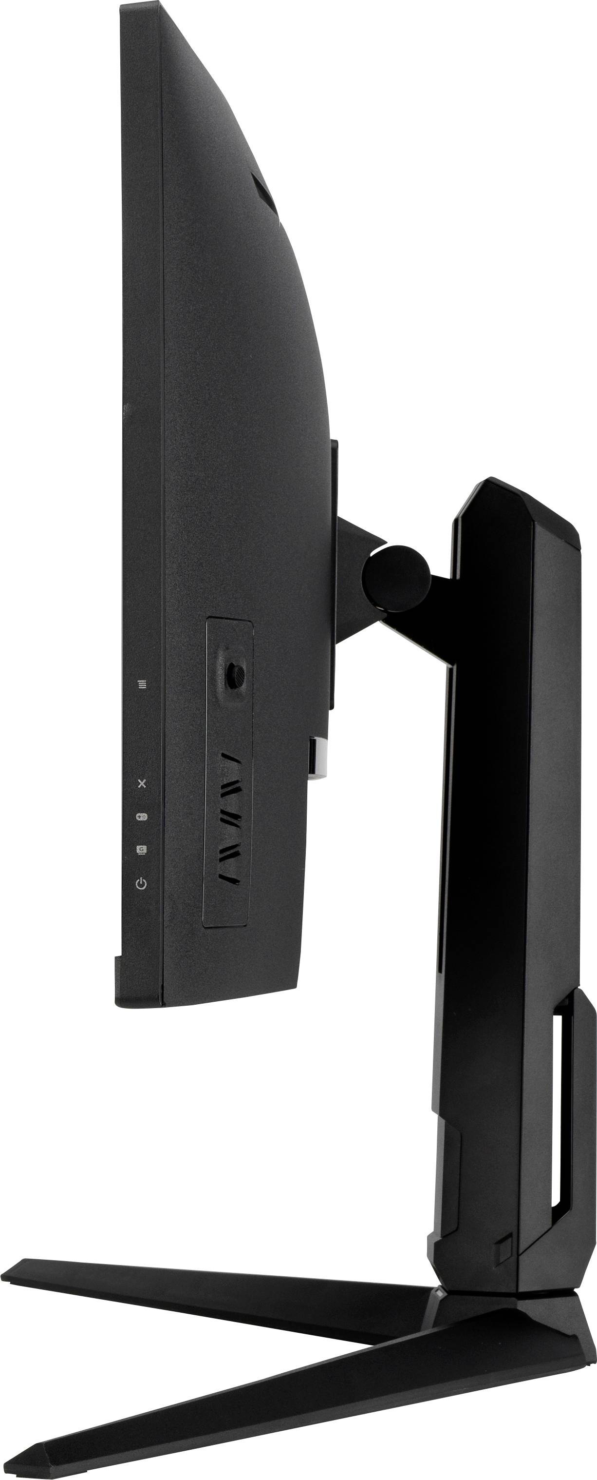 Un monitor a schermo piatto visto di lato, che mostra un design sottile e un supporto regolabile.