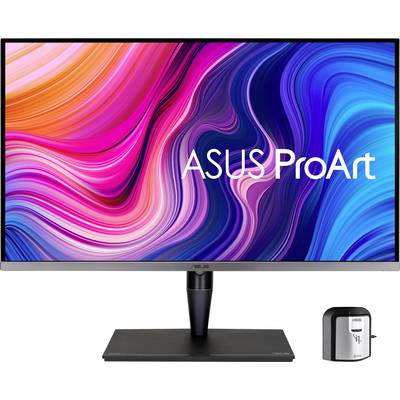 Un monitor con uno sfondo colorato e ondulato con la scritta 'ASUS ProArt' sullo schermo. In basso a sinistra, un dispositivo di calibrazione.