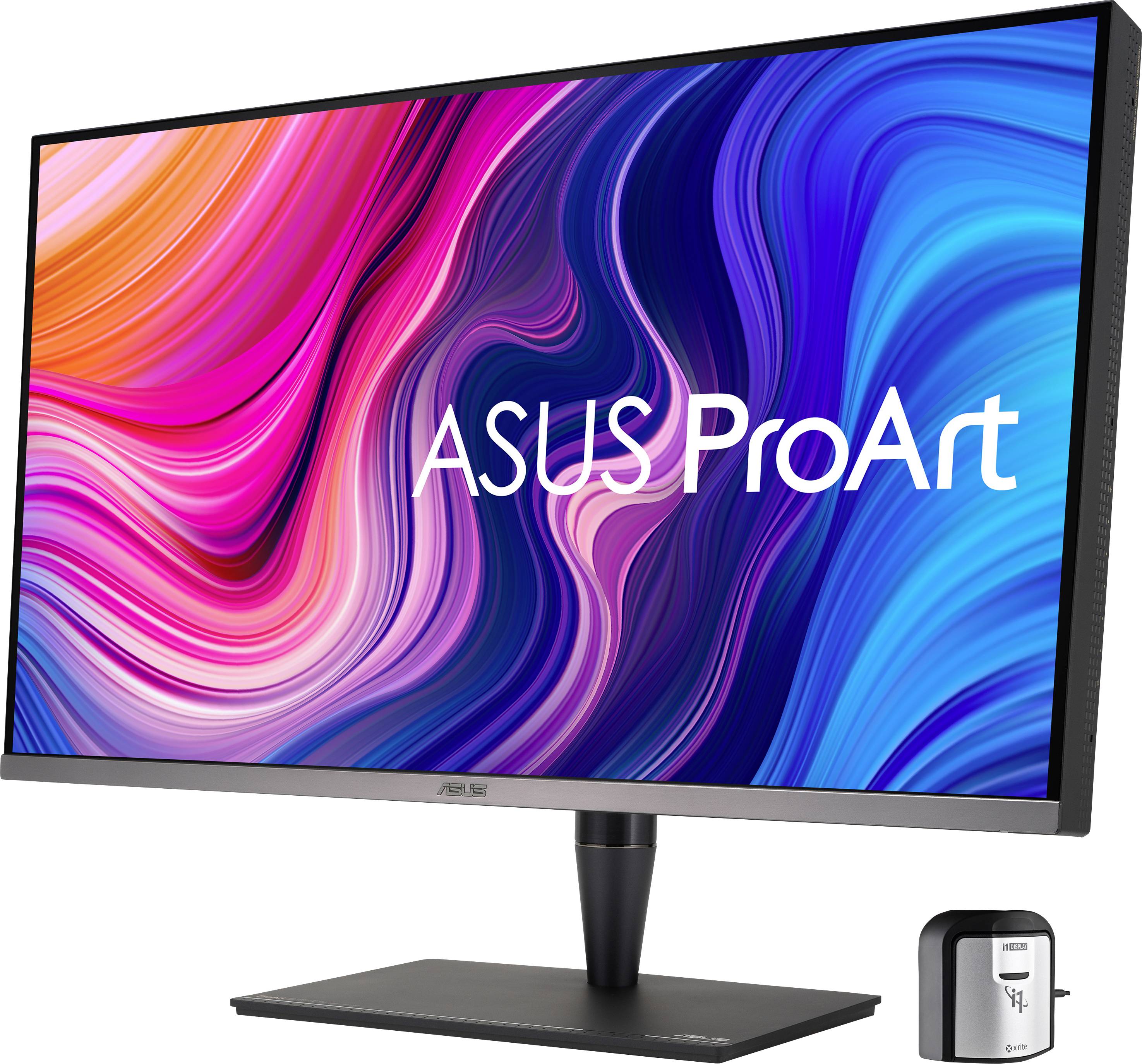 Un monitor ASUS ProArt con schermo vivace e colorato e dispositivo esterno di calibrazione del colore, adatto ad applicazioni grafiche professionali.