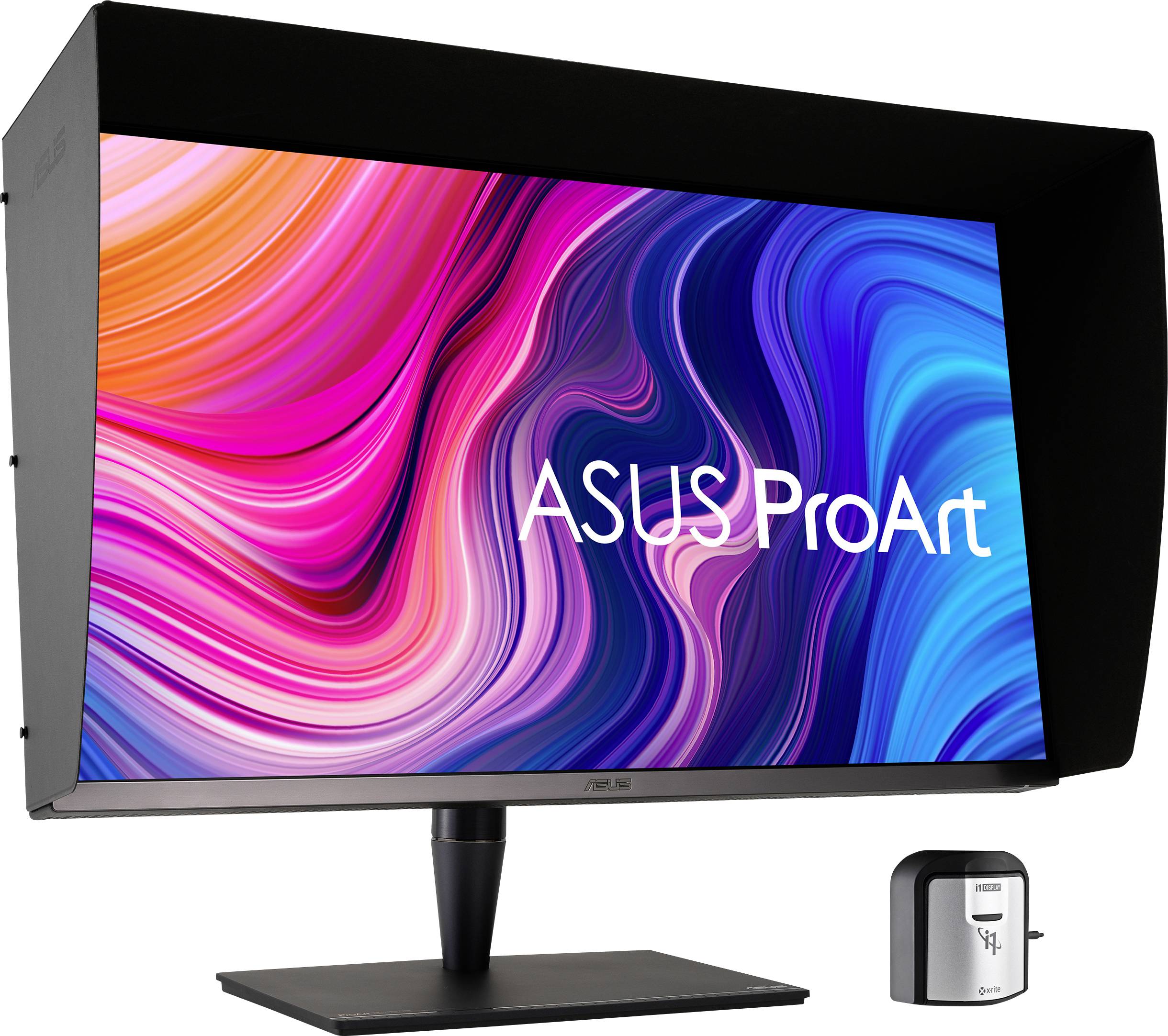 Monitor ASUS ProArt su base nera, con display colorato e protezione visiva integrata; ideale per lavori grafici professionali.