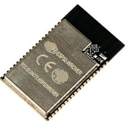 Modulo metallico ESP32-WROOM-32 con simbolo Wi-Fi e marchio CE. Iscrizione: 'ESP32-WROOM-32'.