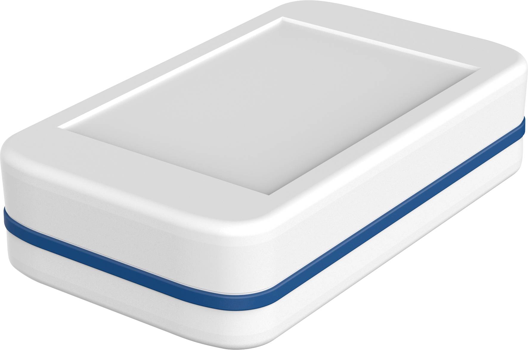 Scatola rettangolare bianca in plastica con una striscia blu al centro, probabilmente un contenitore per riporre oggetti o un involucro protettivo.