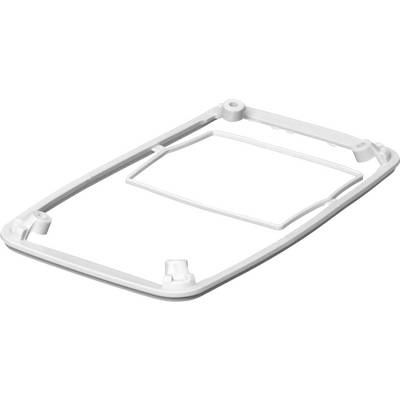 Un telaio rettangolare bianco in plastica con angoli arrotondati. Il telaio ha un'incisione centrale e quattro punti di fissaggio.
