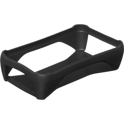 Un telaio rettangolare nero in plastica con lati aperti. Adatto come custodia protettiva o impugnatura per un dispositivo elettronico.