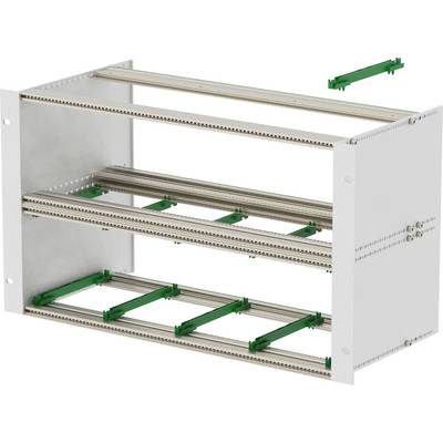 Un portapparecchiature bianco in metallo con tre livelli di ringhiere verdi e argentate, progettato per installare apparecchiature elettroniche o elettriche.