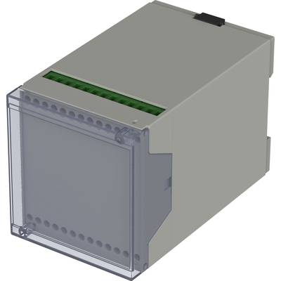 Un dispositivo elettronico grigio a forma di parallelepipedo con un coperchio trasparente in plastica e una serie di connettori verdi sulla parte superiore.