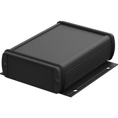 Dispositivo elettronico nero, rettangolare con angoli arrotondati, posto su un supporto metallico, probabilmente un involucro tecnico.