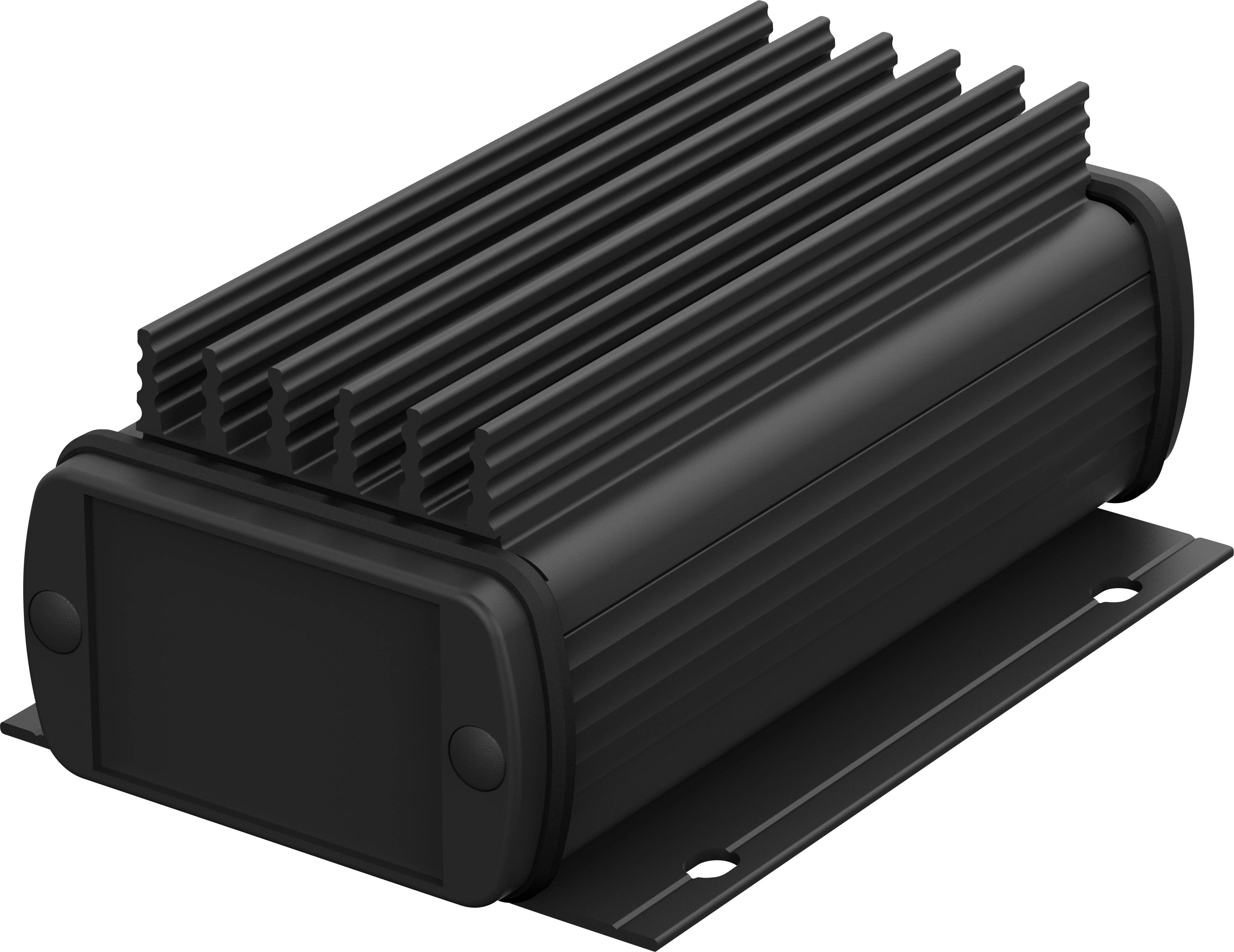 Un dissipatore di calore nero, rettangolare con alette, montato su una piastra di base. Utilizzato per la dissipazione termica in dispositivi elettronici.