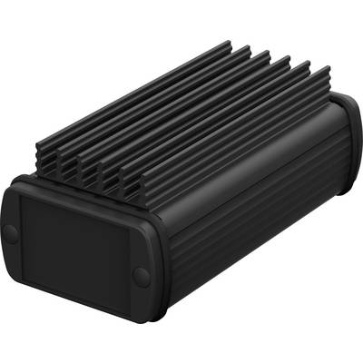 Dissipatore di calore nero, rettangolare, in alluminio con alette per la dissipazione termica, utilizzato in dispositivi elettronici per il controllo della temperatura.
