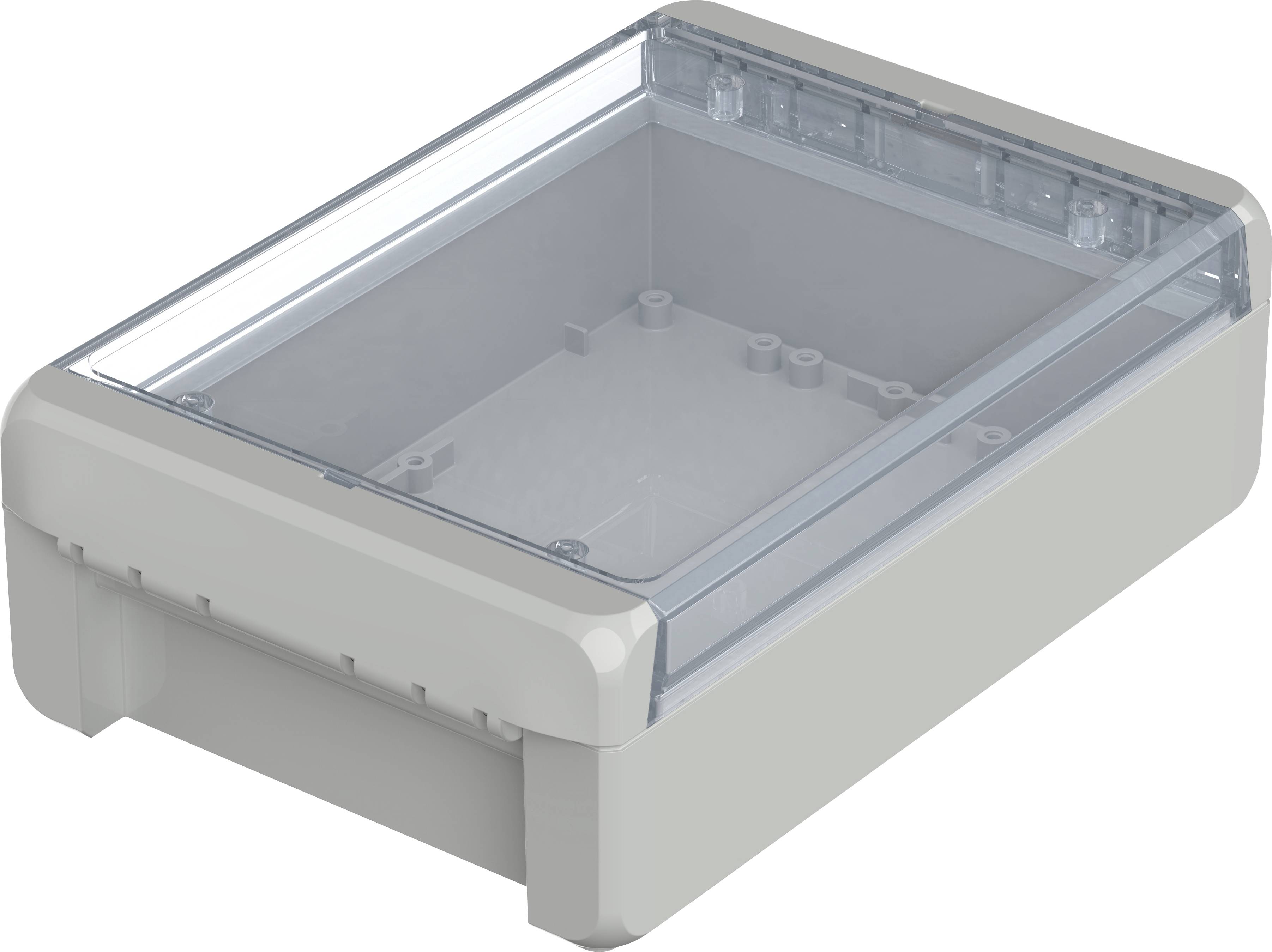 Un involucro rettangolare in plastica grigia con coperchio trasparente, idoneo per contenere componenti elettronici.
