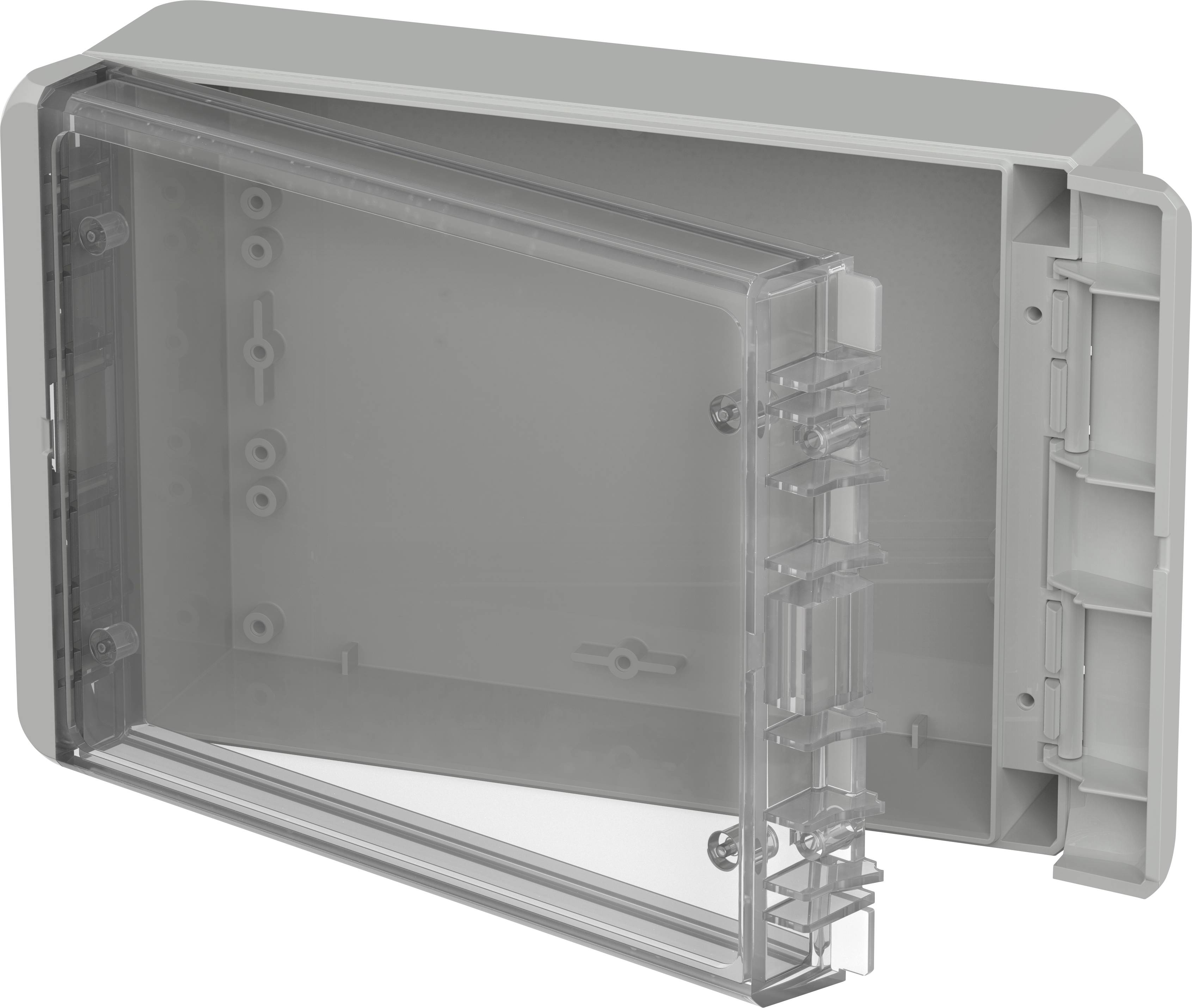 Contenitore grigio, rettangolare con coperchio frontale trasparente e apribile. Utilizzato per la protezione di componenti elettrici.
