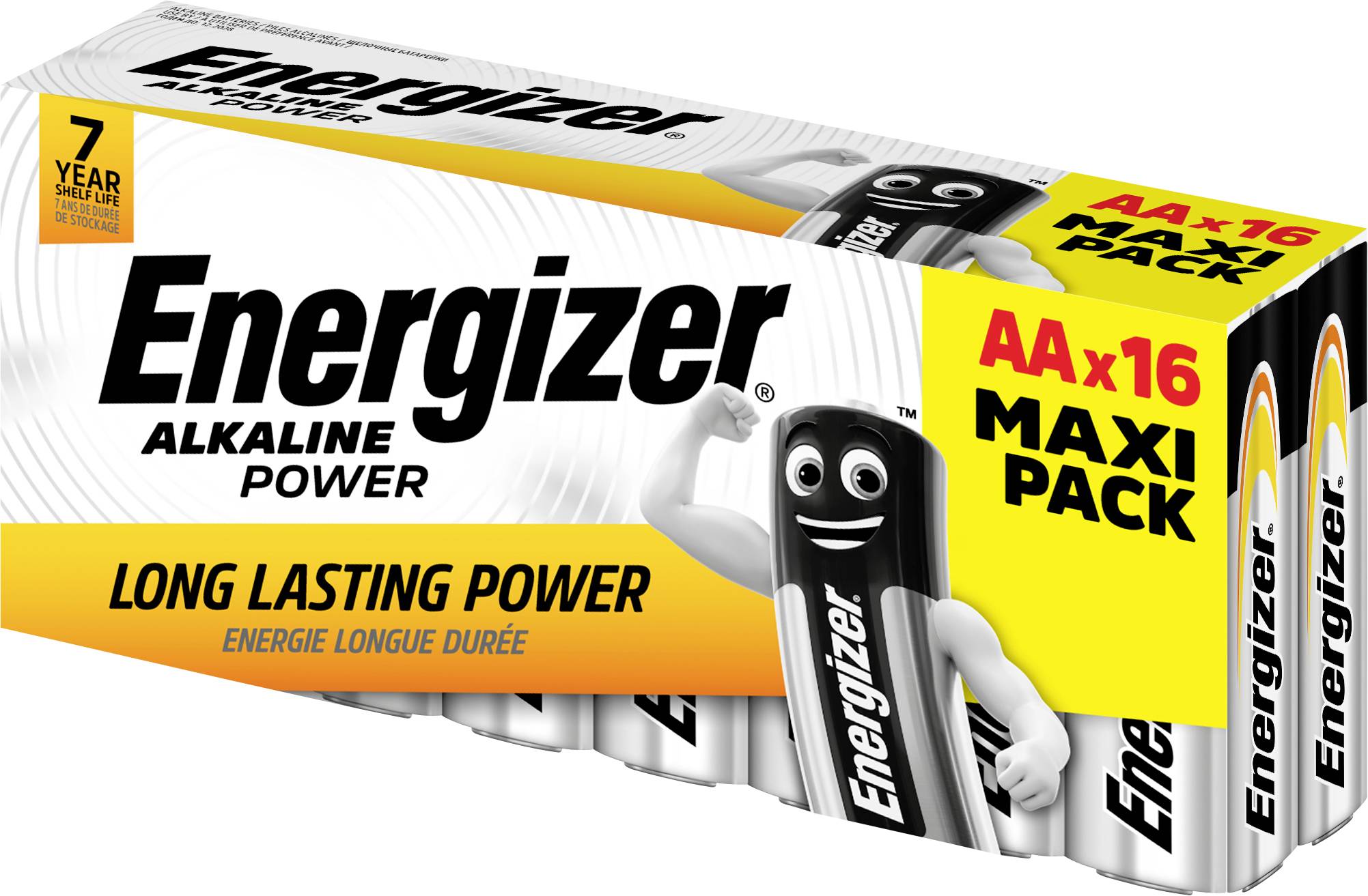 Confezione di 16 batterie AA Energizer, descritte come a lunga durata. Sulla confezione è raffigurata una figura Energizer e il logo del marchio.