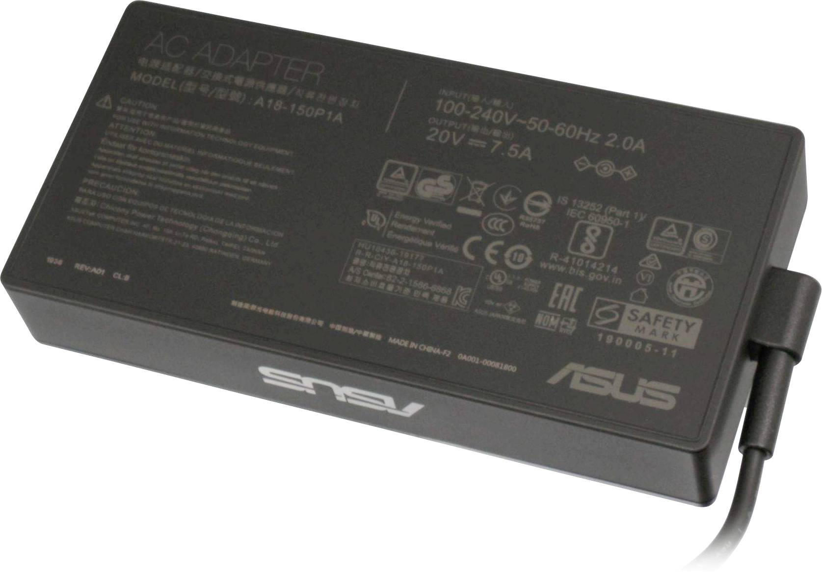 Un alimentatore nero con il logo ASUS e specifiche tecniche in bianco sulla superficie, adatto per 100-240V e 50-60Hz.
