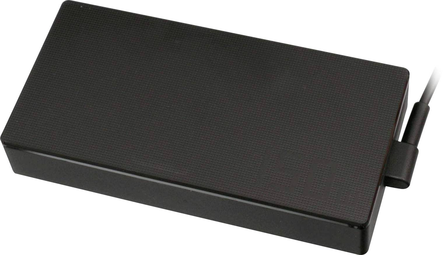 Un hard disk esterno rettangolare, nero, con un cavo USB collegato sul lato destro.
