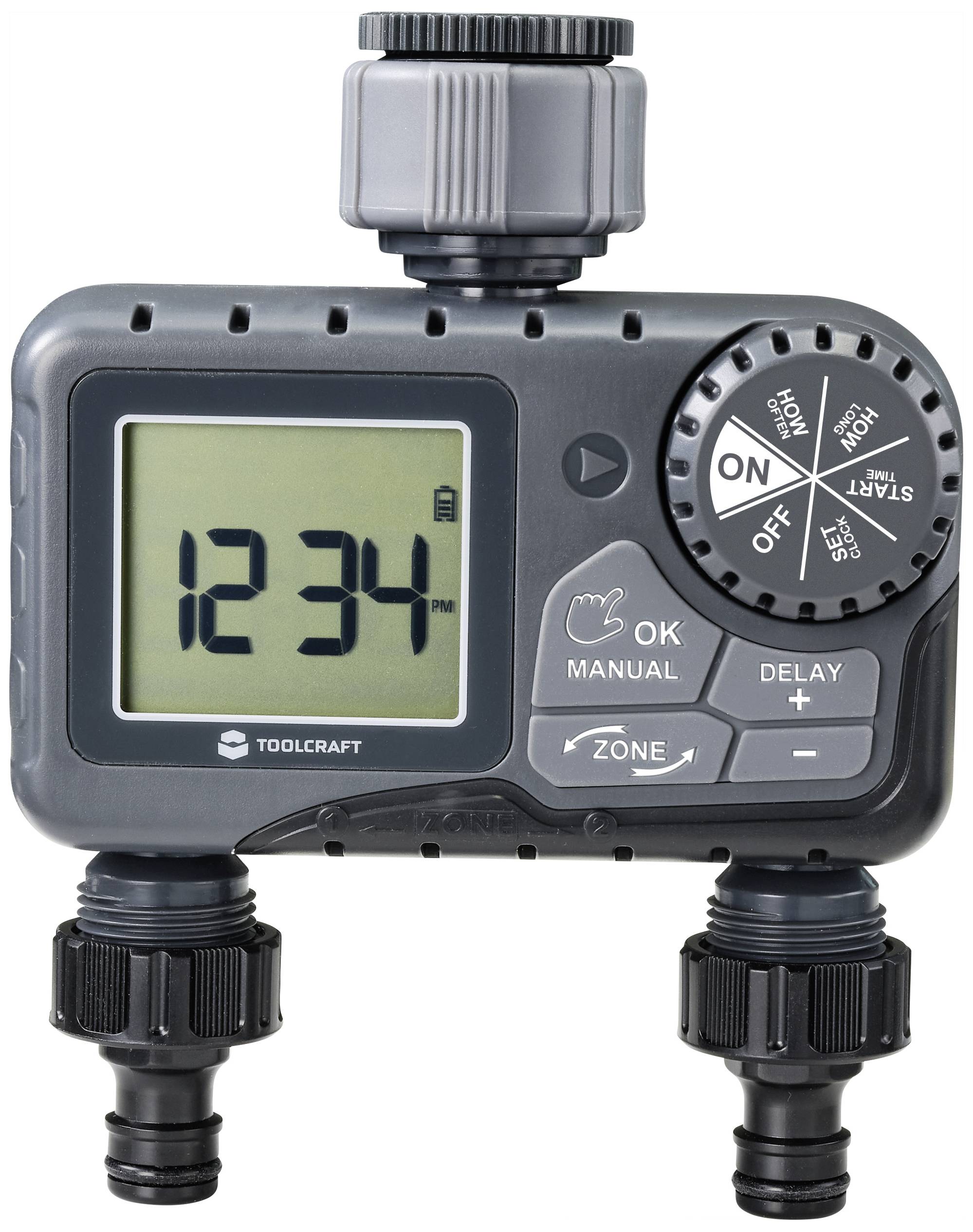 Un timer elettronico per l'irrigazione con display digitale mostra '12:34'. Dispone di controllo manuale, ritardo e due attacchi.