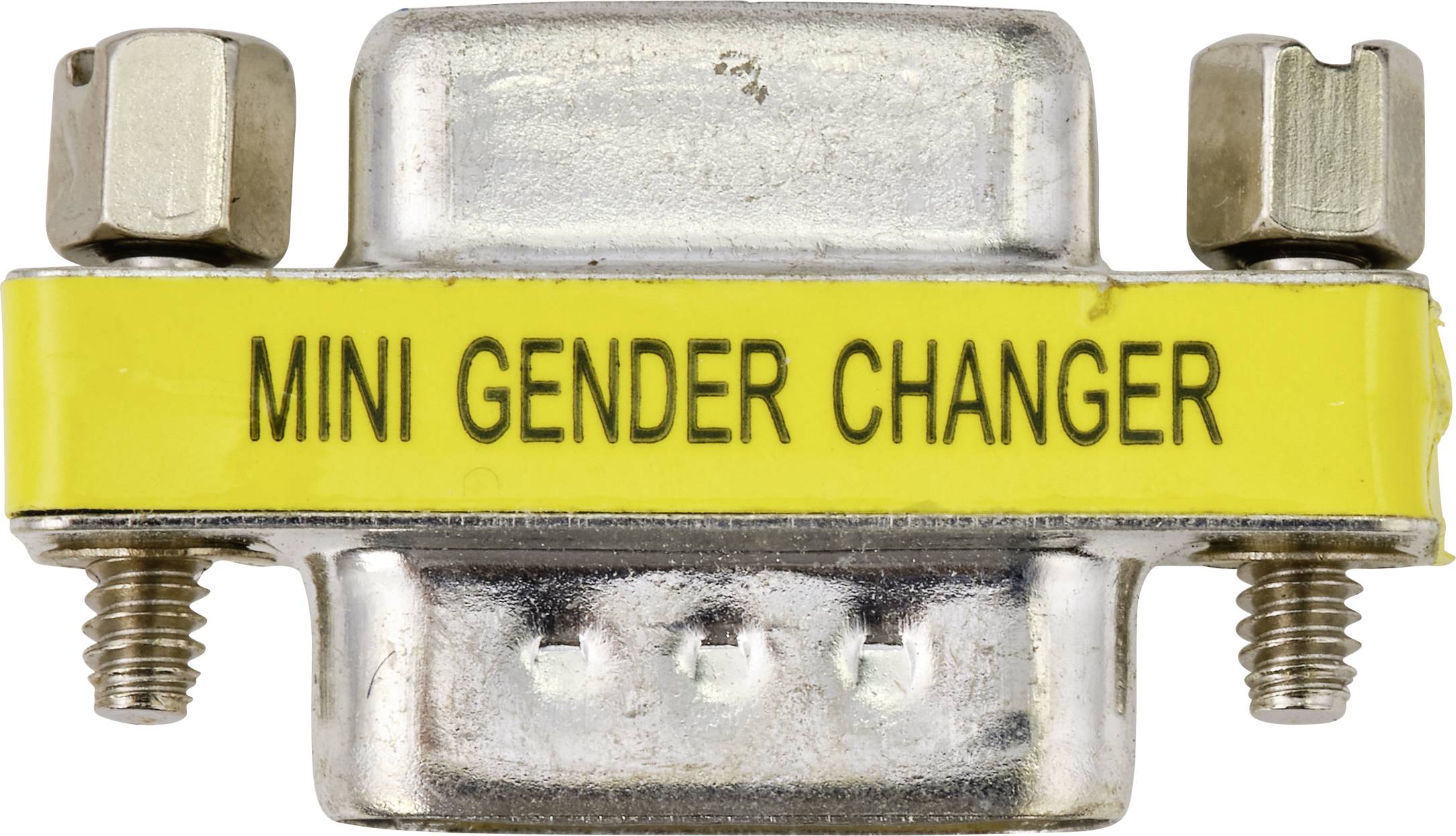 Un adattatore con la scritta 'Mini Gender Changer', utilizzato per collegare cavi con diversi tipi di connettori.