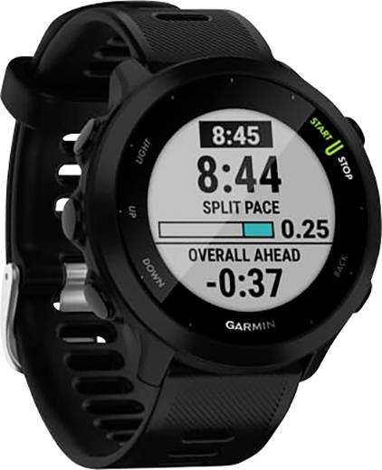 Orologio sportivo nero con display digitale. Mostra ora, ritmo parziale e statistiche di corsa. Marca 'Garmin'.