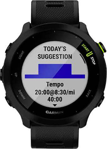 Lo smartwatch mostra: 'Suggerimento del giorno', Allenamento di velocità alle 20:00 con 8:30 minuti per miglio, 40 minuti.