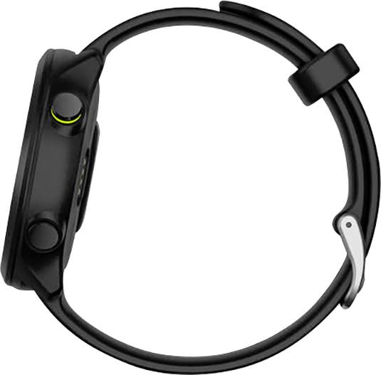 Smartwatch nera vista laterale con quadrante rotondo, due pulsanti e un cinturino flessibile, su sfondo bianco.