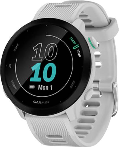 Un smartwatch bianco con un quadrante rotondo mostra '10:10 Lun 1'. L'orologio è dotato di diversi tasti funzione.