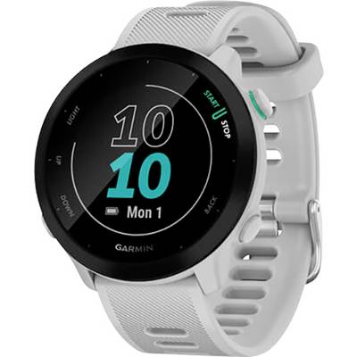 Un smartwatch bianco con un quadrante rotondo mostra '10:10 Lun 1'. L'orologio è dotato di diversi tasti funzione.