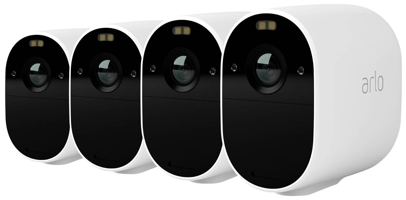 Quattro telecamere di sicurezza in fila. Ogni telecamera è bianca con parte anteriore nera e ha il logo 'arlo'. Sono tutte identiche nel design.