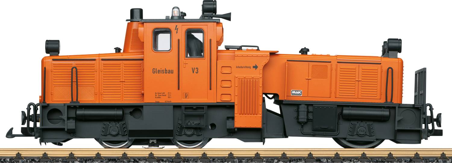 Una locomotiva arancione su un binario. La scritta 'Eisenbahn V3' è visibile sul lato.